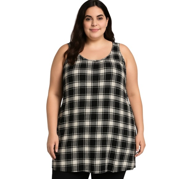 Torrid Tunic Top Size 2X Black White Gold Plaid Hi Lo Sleeveless Lurex Modern - Picture 1 of 11